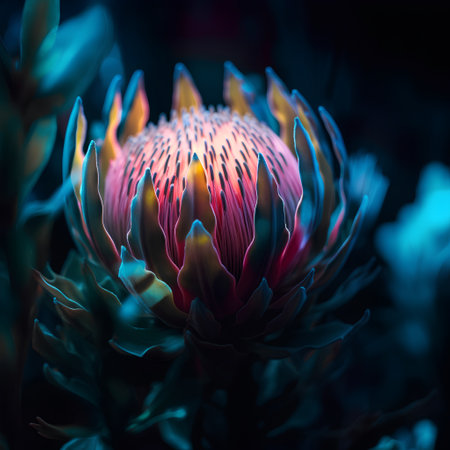 Beautiful protea flower in neon light. Close-up shotの素材