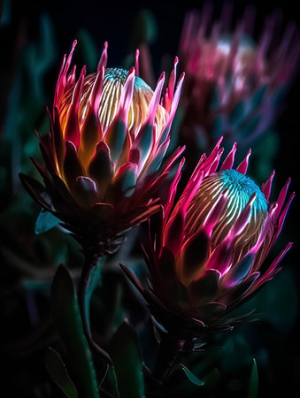 Beautiful protea flower in neon light, close-up.の素材