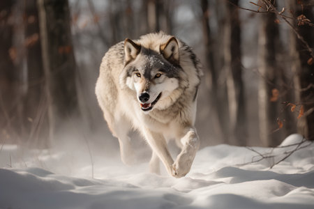 Gray wolf running in winter forest. Canis lupus sign.の素材