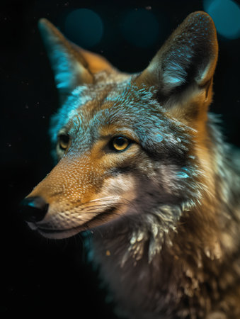 Portrait of a wild wolf on a black background. Close-up.の素材