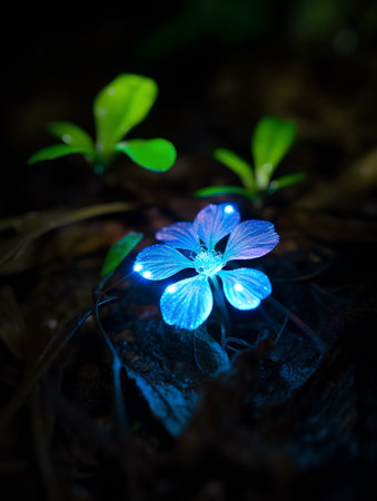 Beautiful flower with blue light and bokeh in the forestの素材