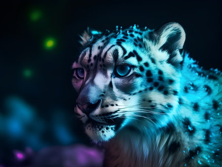 Beautiful snow leopard portrait with colorful bokeh background.の素材