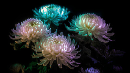 Colorful chrysanthemum flowers on a black background.の素材
