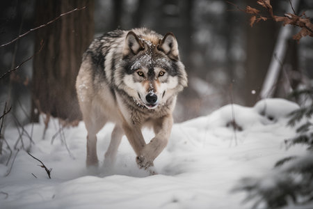 Grey wolf running in snowy forest. Beautiful wild animal in winter forest.の素材