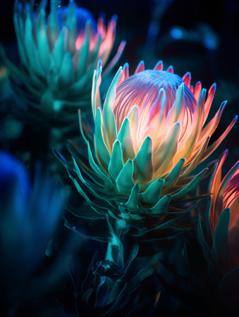 Beautiful protea flower in neon light. Selective focus.の素材