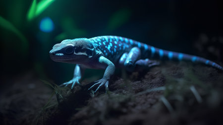 Blue lizard in the forest. Wildlife scene. 3D rendering.の素材