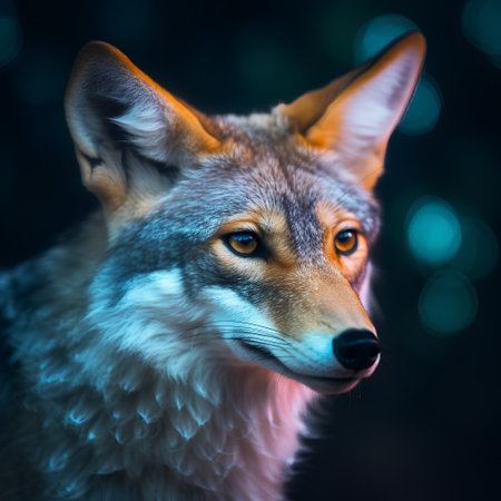 Close-up portrait of a beautiful fox on a dark background.の素材