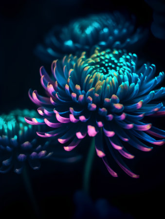 Colorful chrysanthemum flower on black background. Macroの素材