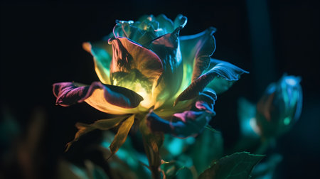 Beautiful colorful rose flower on dark background. Selective focus.の素材