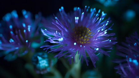 Close up of a purple aster flower in the dark, shallow depth of fieldの素材