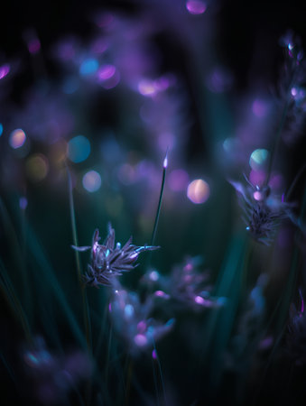 purple flowers with bokeh effect in the dark, abstract backgroundの素材