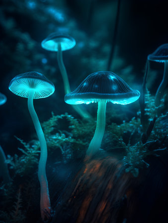 Mushrooms in the forest on a dark background. 3d renderingの素材