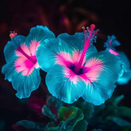 Beautiful blue hibiscus flowers on a dark background.の素材