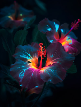 Hibiscus flower with neon light on black background, close upの素材