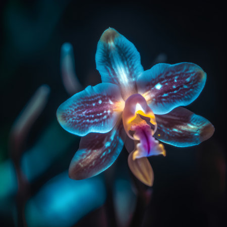 Beautiful blue orchid on a dark background. Close-up.の素材