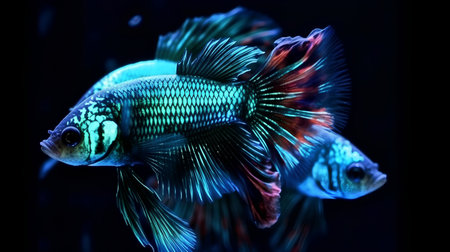 Capture the moving moment of blue siamese fighting fish isolated on black background. betta fish.の素材