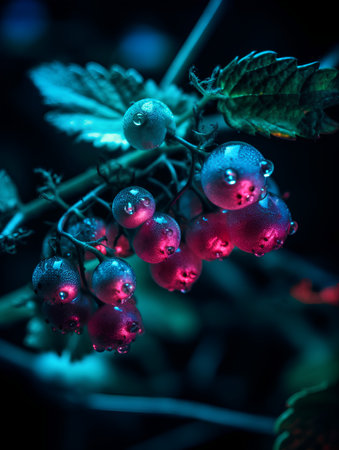 Red currant berries with dew drops on a black background.の素材