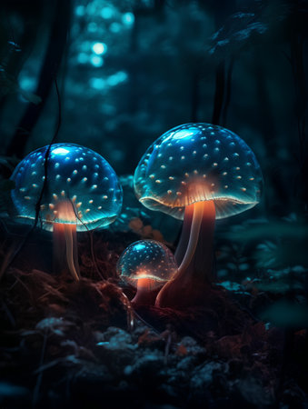 Mushrooms in the forest at night. 3D rendering.の素材