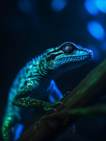 Close-up of a chameleon on a branch in neon lightの素材