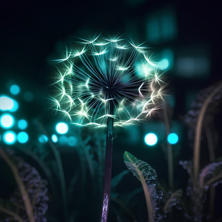 Dandelion flower in the night. 3D illustration. Bokeh background.の素材