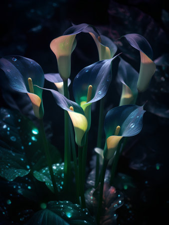 Beautiful calla lily flowers in dark forest. Nature backgroundの素材