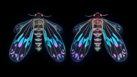 A pair of butterfly wings isolated on a black background with clipping pathの素材