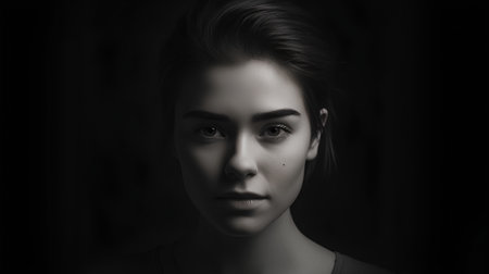 Portrait of a beautiful young woman on a dark background. Black and white photo.の素材