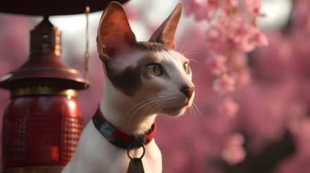 Sphynx cat in front of pink cherry blossoms.の素材