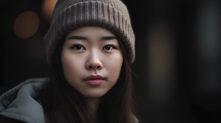 Portrait of a beautiful young asian woman wearing winter hat and coatの素材