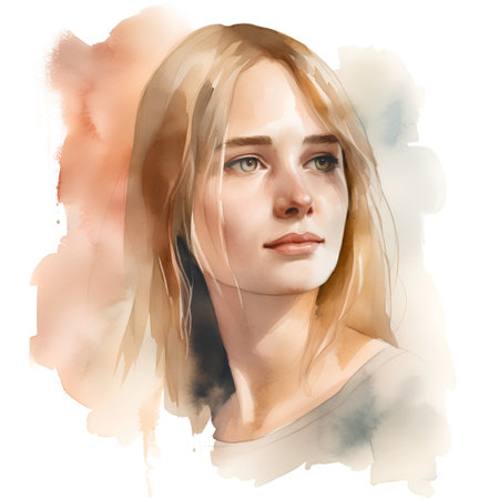Watercolor portrait of a beautiful young woman with long blond hair.の素材