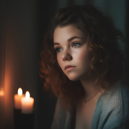 Portrait of a beautiful young woman with curly hair in a sweater.の素材