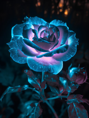 Beautiful blue rose flower on dark background with bokeh effectの素材
