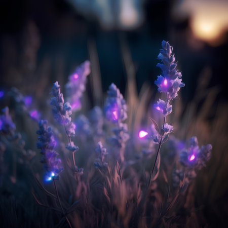 Beautiful lavender flowers in the meadow at sunset. Vintage style.の素材