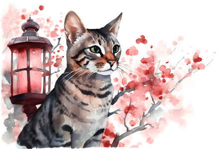 Watercolor illustration of a cat on a background of cherry blossomsの素材