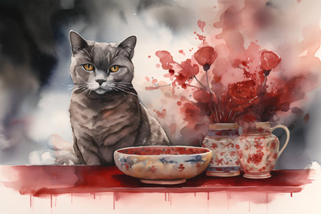 Watercolor painting of a cat sitting on a table with a cup of teaの素材