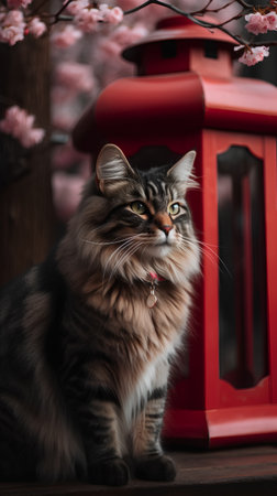 Beautiful siberian cat on the background of a red lanternの素材