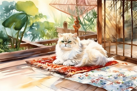Watercolor painting of a persian cat relaxing on the floor.の素材