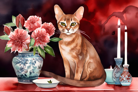 Bengal cat sitting on the table with flowers. Watercolor illustrationの素材