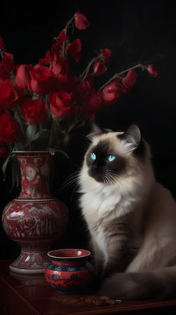 Beautiful cat with blue eyes and red flowers on a black backgroundの素材