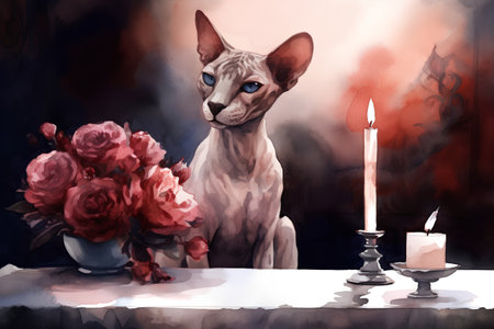 Sphynx cat sitting at the table with candles and flowersの素材