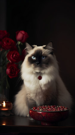 Beautiful cat with red roses on a dark background. Portrait of a beautiful cat.の素材