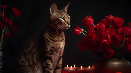 Beautiful bengal cat sitting near red tulips and burning candles.の素材