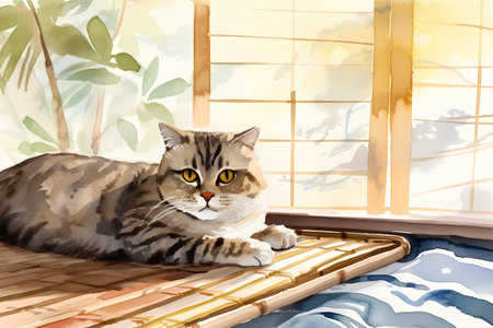 Watercolor illustration of a cat lying on the bed at home.の素材