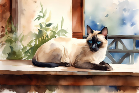 Siamese cat sitting on the porch. Watercolor illustration.の素材