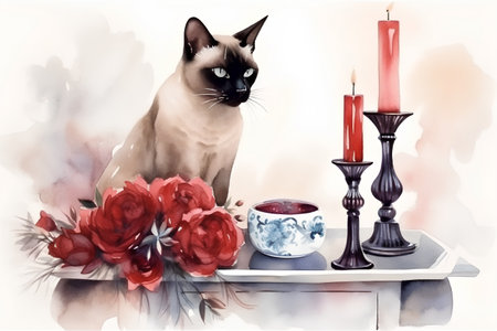 Watercolor portrait of siamese cat, candle and flowers.の素材