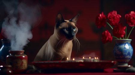 Siamese cat on a red carpet with burning candles and flowersの素材
