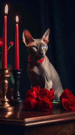 Sphynx cat with red roses and candles on dark backgroundの素材