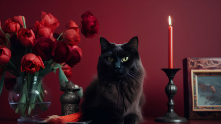 Black cat and red tulips on a red background with a burning candleの素材