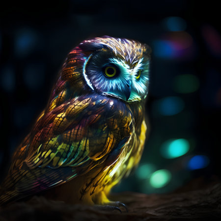 Beautiful owl in the dark with colorful bokeh background.の素材