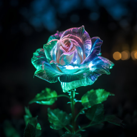 beautiful multicolored rose on the background of the night cityの素材